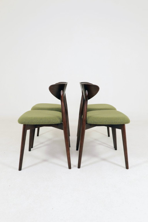 Moderne set van 4 eetkamerstoelen, avocadogroene stof en donker walnootkleurig beukenhout