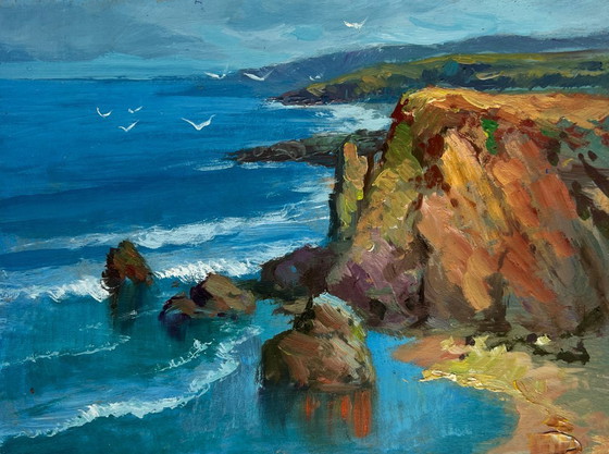 Image 1 of Original Oil Painting Summer Rock Landscape Waves crash against the rocks