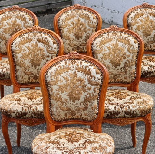 Ensemble de 6 chaises de salle à manger en bois - chaises de salle à manger tapissées - style Louis xv - 70s