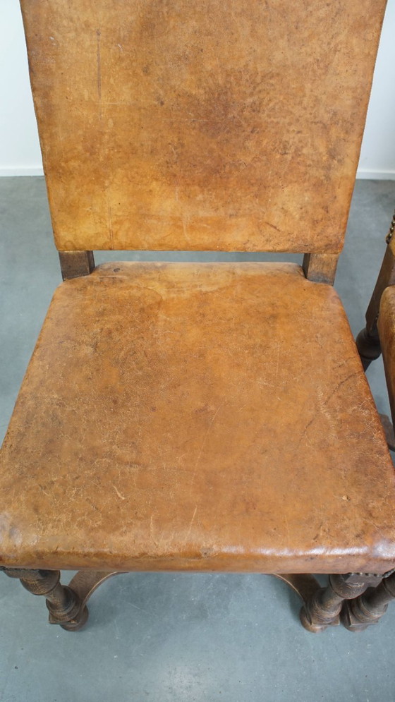 Image 1 of 4 x Sedia da pranzo antica in legno e pelle di pecora