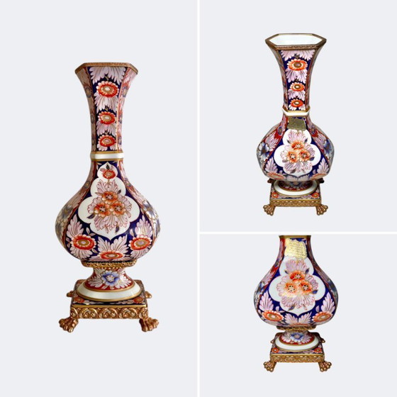 Image 1 of Limoges Porcelain Pair of Vases and Trinket Box - French Floral Imari Style Porcelain and Gilt Brass Mantel Centerpiece