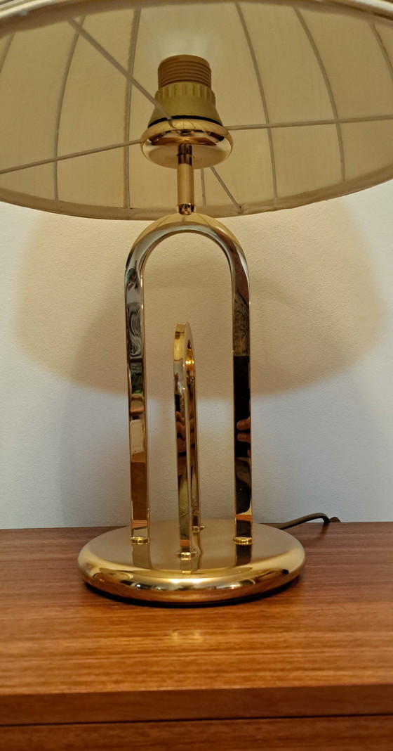 Image 1 of Pair of Hollywood Regency Brass Table Lamps with Pleated Dome Shades – Vintage 1970s – 50 cm