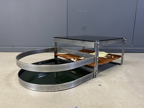 Image 1 of Tavolino da caffè in acciaio e cuoio di Willy Rizzo, anni '70