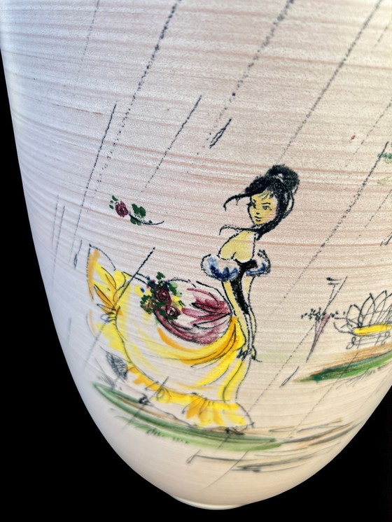 Image 1 of Fritz Van Daalen - Large floor vase, hand-painted in light pink with Japanese lady motif