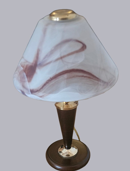 Lampada da tavolo vintage anni '70 - Paralume in vero vetro e marmo - Effetto legno e ottone