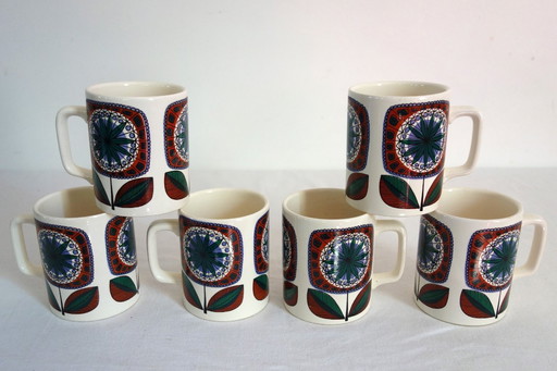 6 mugs with stylized floral design Germany, 1970s