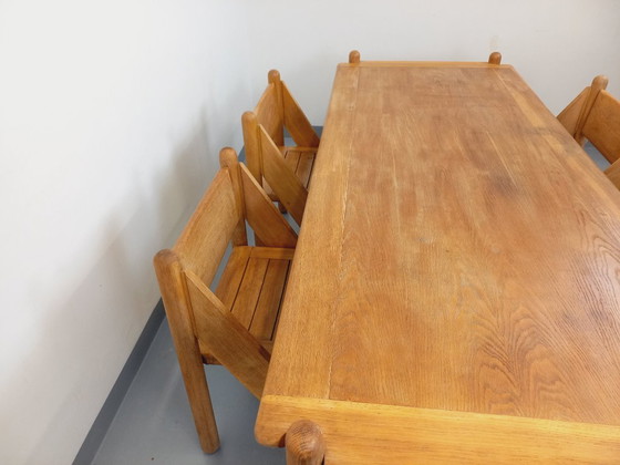 Image 1 of Exceptional suite of a large rectangular table and 4 vintage Brutalist chairs in solid oak from the 60s