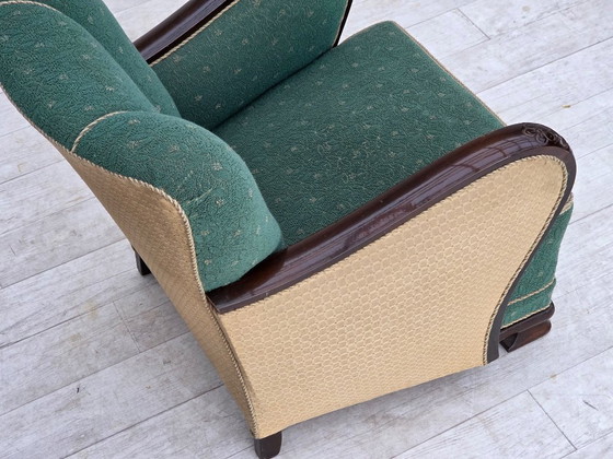 Image 1 of Deense fauteuil uit de jaren 60, bekleed met groene en beige meubelwol.