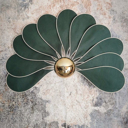 Wall Sconce, Peacock Model, 11 Petals in Rattan and Linen (Custom Color)