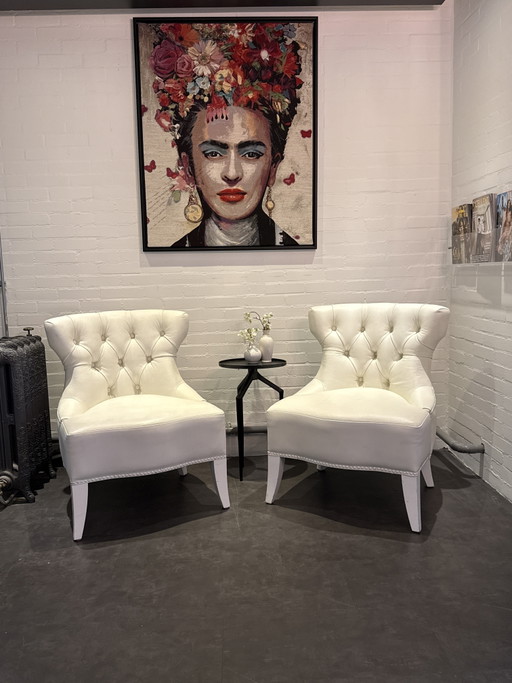 2 Wit Leren Fauteuils Sam Van Piet Boon – Leather, Wood