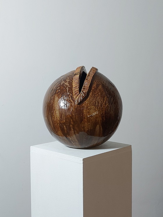 Image 1 of Vintage French brutalist ceramic spherical vase, unique piece