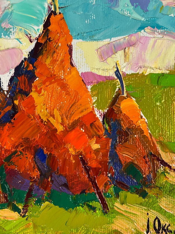 Image 1 of Original Oil Painting Nature Landscape Haystacks in a Field