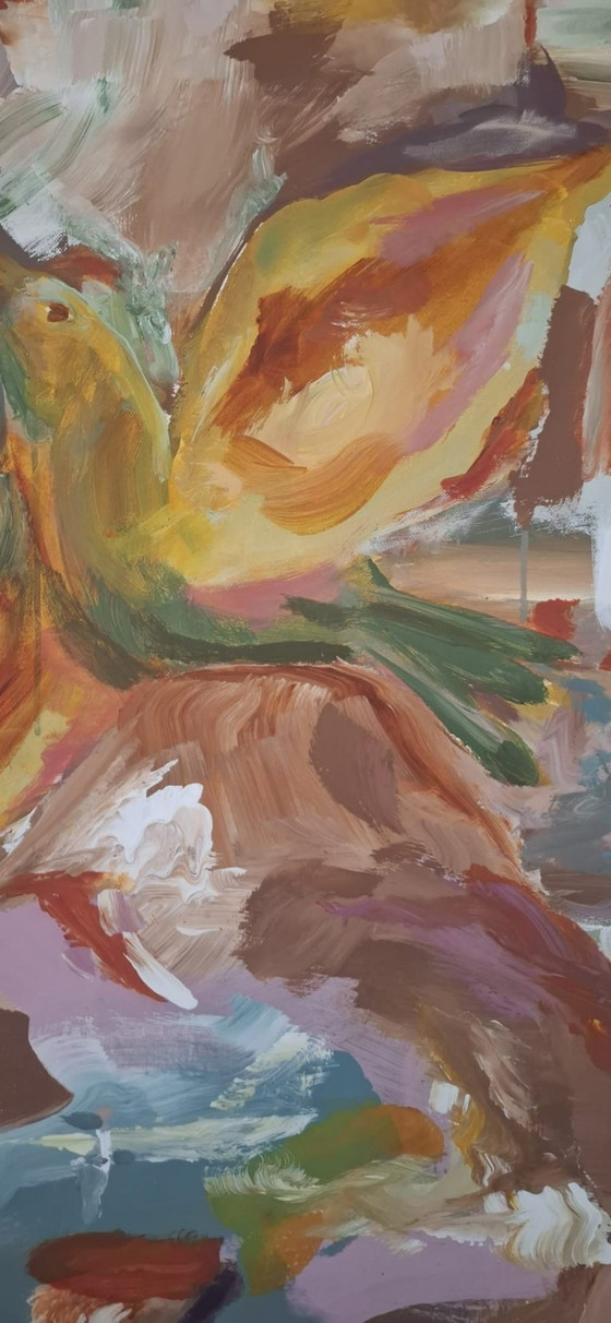 Image 1 of Pintura sobre lienzo - ''Free Birds'' - colorido - pájaros - naturaleza - cálido - abstracto