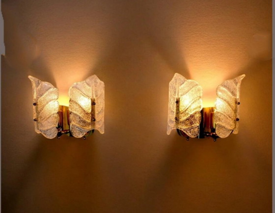 Image 1 of Zeldzaam paar "Leaves" kunstglazen wandlampen van Carl Fagerlund voor Orrefors - Zweden, jaren 1960-1970
