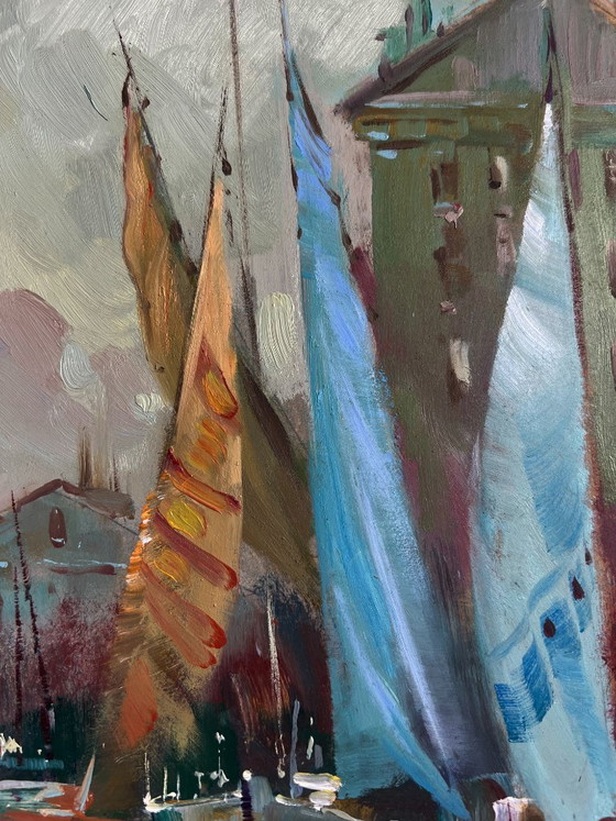 Image 1 of Original Oil Painting Coastal City Landscape A quiet harbor near Venice
