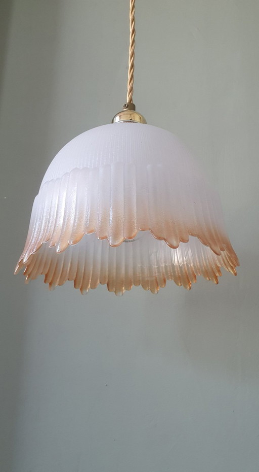 Suspension Vintage Française Art Déco - Ombre Blanc - Or/Jaune.