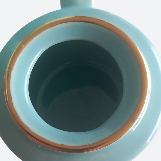 Image 1 of Vintage (1960-1970) handmade design tea set in turquoise glaze with gold accents – teapot and sugar bowl with lid