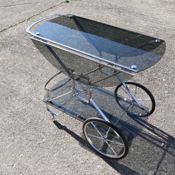 Image 1 of French Mid-Century Smoked Glass and Chrome Bar Trolley-Drop Leaf Bar Cart-Vintage Two Tier Dessert-Bar Trolley-60s