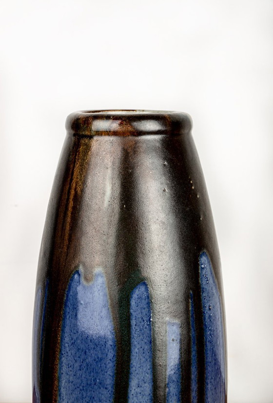 Image 1 of Large Art-Deco vase in blue glazed ceramic by Léon Pointu, Grès de Puisaye, 1920.