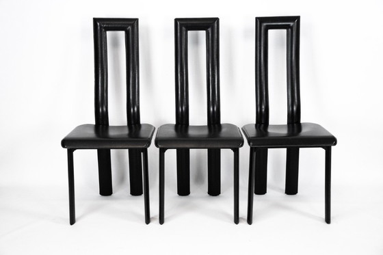 Image 1 of Postmodern Set of ten leather dining chairs by Antonello Mosca for Ycami. Italy 1980s