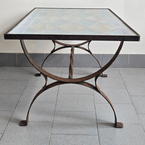 Image 1 of Vintage 1960s Brutalist Coffee Table in Metal, Glass & Stained Glass