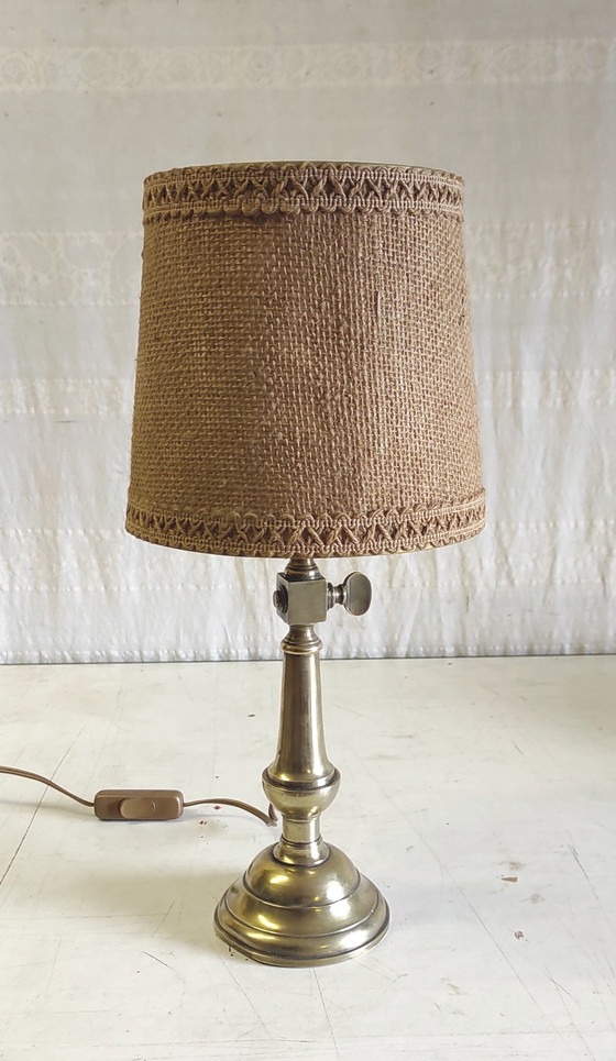 Image 1 of Table lamp in gilded brass and linen - mid-20th century