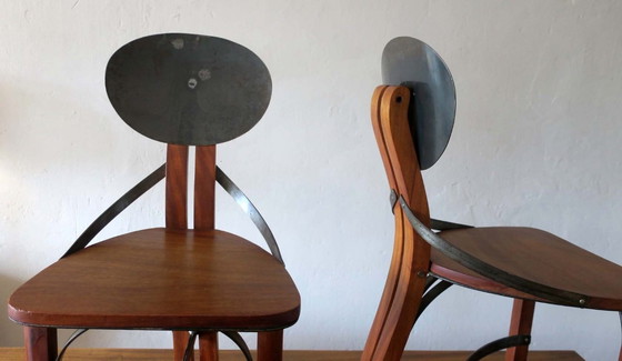 Image 1 of Brutalistische 6 Stühle und Esstisch aus Teakholz und patiniertem Stahl, 1960er Jahre