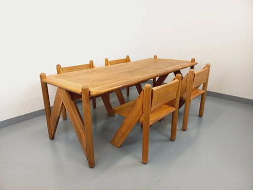 Exceptional suite of a large rectangular table and 4 vintage Brutalist chairs in solid oak from the 60s