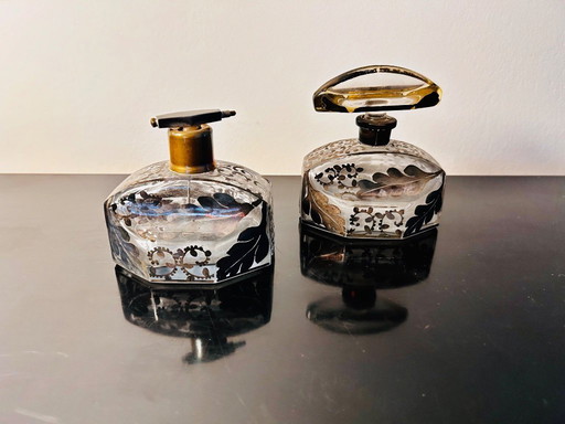 Coffret à parfum Art Déco - verre cristal avec revêtement argenté - 2 pièces