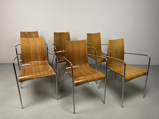Set van zes mid-century moderne eetkamerstoelen van wengéhout, toegeschreven aan Thonet, Duitsland, jaren (photo 2 of 15)