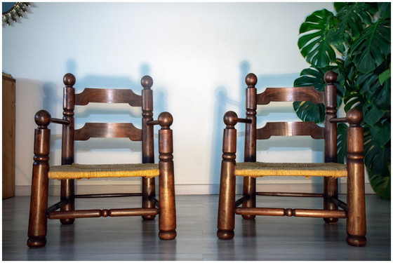 Image 1 of Eikenhouten en biezen fauteuil, brutalistische stijl, Charles Dudouyt, jaren 40