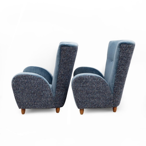 Image 1 of Pair of Italian Paolo Buffa High-Back Armchairs in Blue Velvet and Chenille, 50s