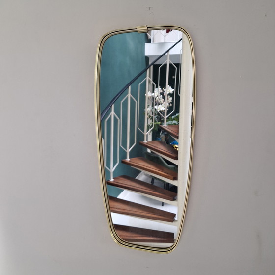 Image 1 of Vintage Mirror from 50s / 60s: Elongated Mirror with Brass Frame, Retro Wall Mirror, Gold Frame, German