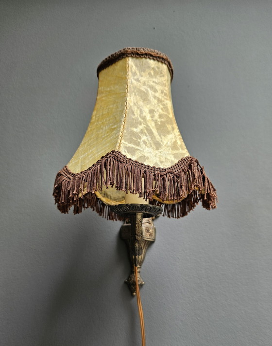 Image 1 of Lampade da parete in stile rococò francese, bronzo con paralumi in pelle