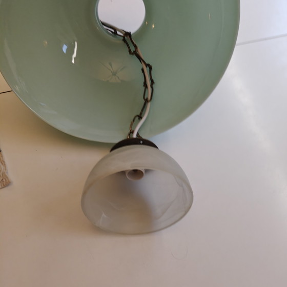 Image 1 of Vintage mintgroene hanglamp van opaalglas met dubbele glazen diffuser en messing ophanging.