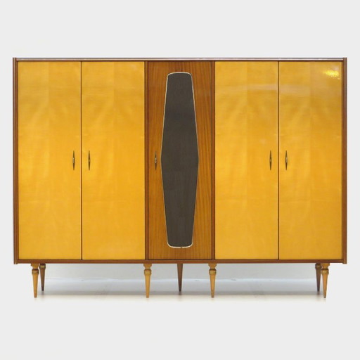 Grote vintage kledingkast met 5 deuren in mid-century modern stijl, gemaakt van esdoorn- en teakhout, jaren 1950.