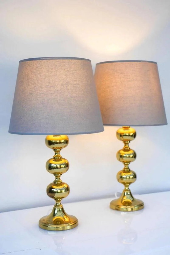 Image 1 of Scandinavian modern space age brass table lamps from Nafa, Sweden, 1970s, set of 2