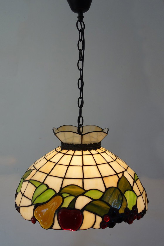 Tiffany style Pendant lamp with fruit motif, 90s, Glass, Metal, Creme (photo 3 of 14)