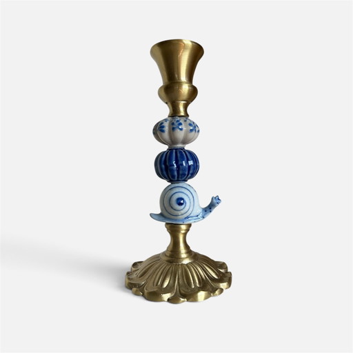 Handmade brass candle holder. Delft Blue figurine. Ceramic beads.