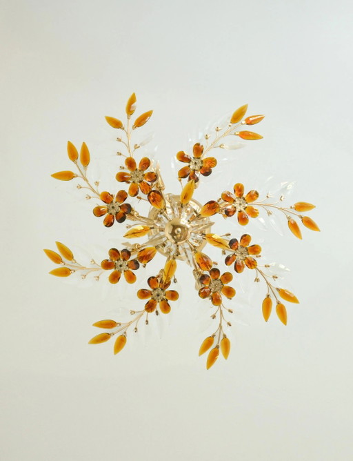 Large Amber Crystal Flower Chandelier, Maison Baguès Style, 8-Light, 1970s