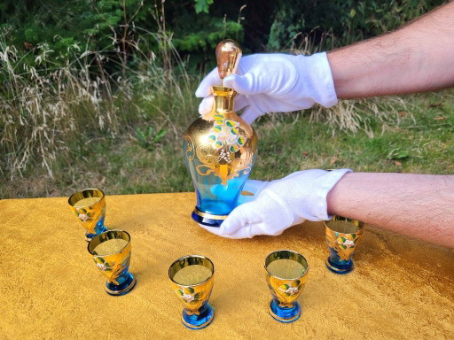 Juego de Decantador Vintage Murano Hecho a Mano - Oro 24K - Juego de licor azul claro de 6 piezas