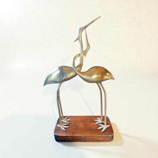 Pièce rare ! Figurine vintage en laiton – Deux grues entrelacées sur un socle en bois | Très bon état