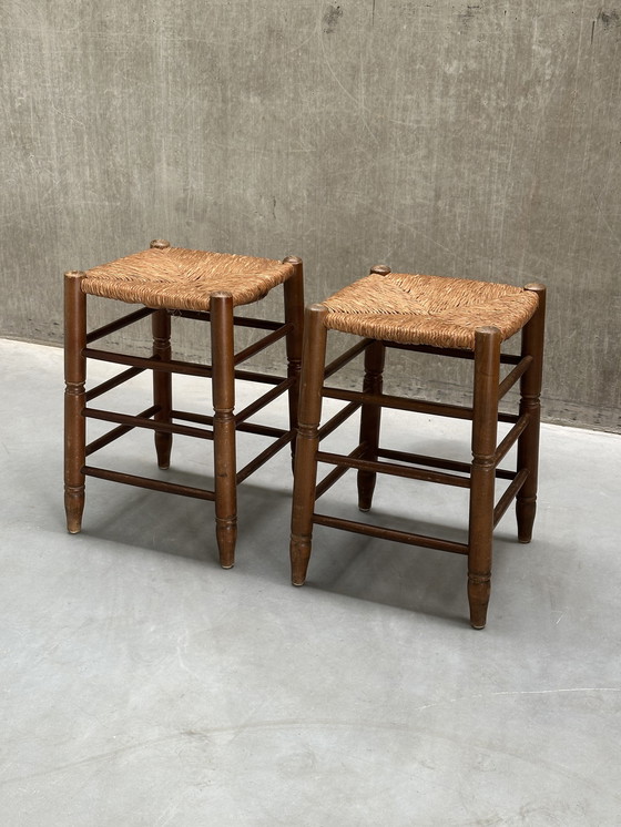 Image 1 of Ensemble de 2 tabourets en bois avec assise en jonc, années 1960