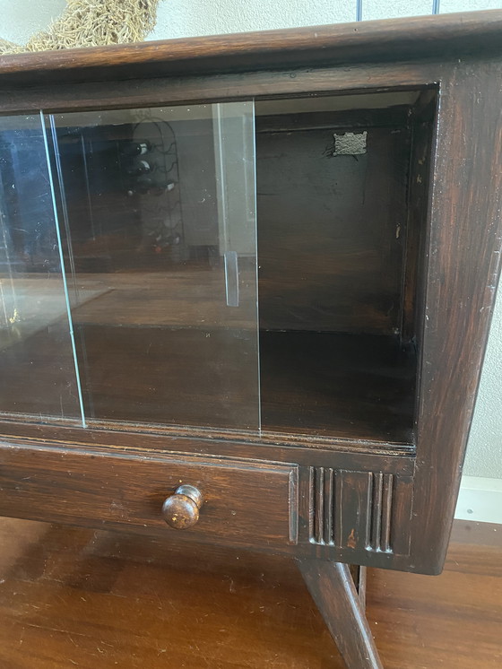 Image 1 of Vintage Mid - Century Dark Wooden Display Case With Sliding Doors