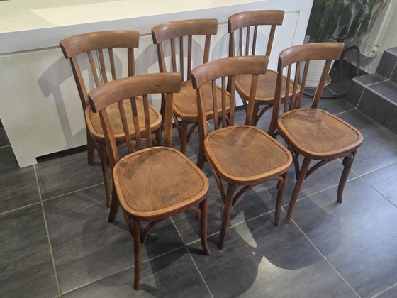 Set van 6 vintage Fischel bistrostolen uit de jaren 70. – Eetkamerstoelen, Wood (photo 4 of 10)