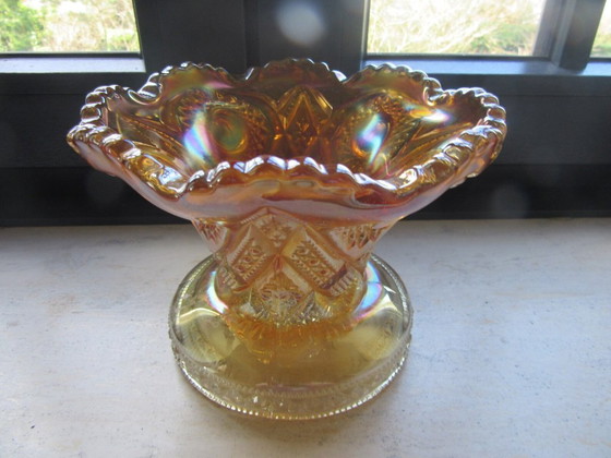 Carnival Cuenco de cristal iridiscente con borde ondulado, Vidrio, Naranja, Vintage (foto 4 de 10)