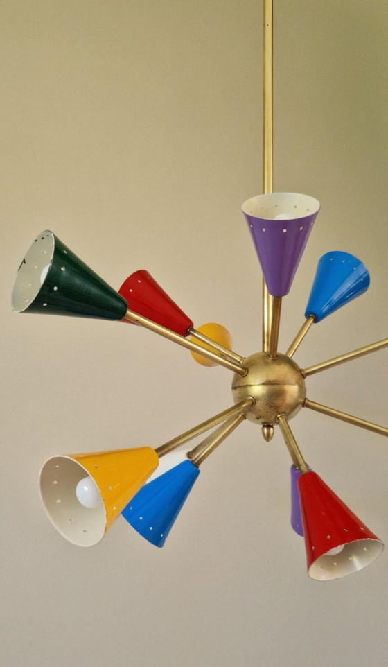 Image 1 of Vintage Stilnovo Sputnik chandelier, Italian mid-century style, brass