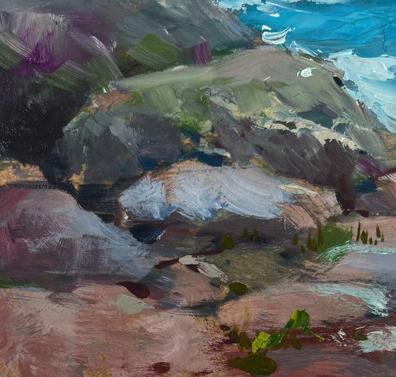 Image 1 of Original Oil Painting Summer Coastal Landscape Sea Waves Crashing Against Sharp Shores