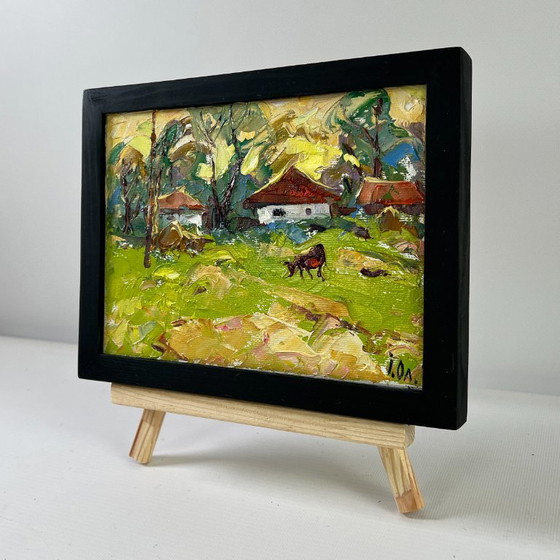 Image 1 of Peinture à l'huile originale, paysage de village d'été, murmures du matin