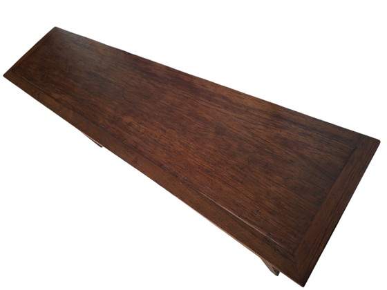 Grande table d'appoint ancienne en teck patiné, console murale, dimensions 180 x 43 cm et 78 cm de hauteur. (photo 4 of 6)
